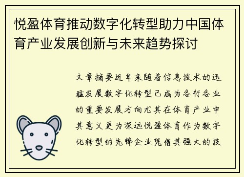 悦盈体育推动数字化转型助力中国体育产业发展创新与未来趋势探讨